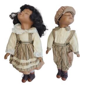 Pair of African American Porcelain Dolls Boy Girl Victorian dress 13.5" high